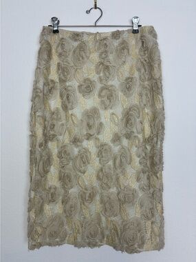Anewsta Gold & Beige Applique Floral Lace w/ Metallic Mesh Skirt